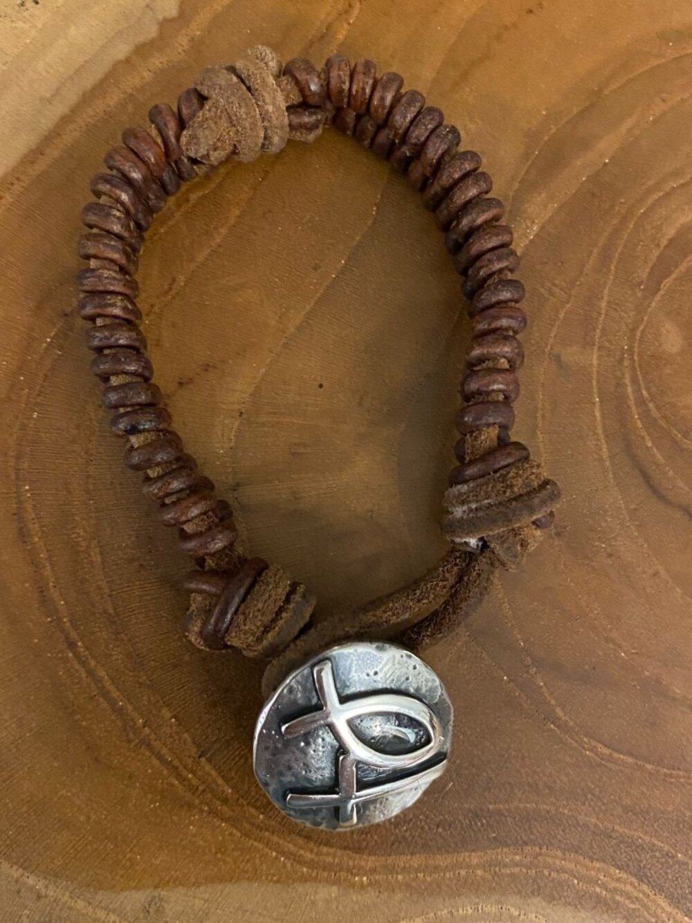 RETIRED James Avery Ichthus Bracelet, Sterling Silver and Brown Leather
